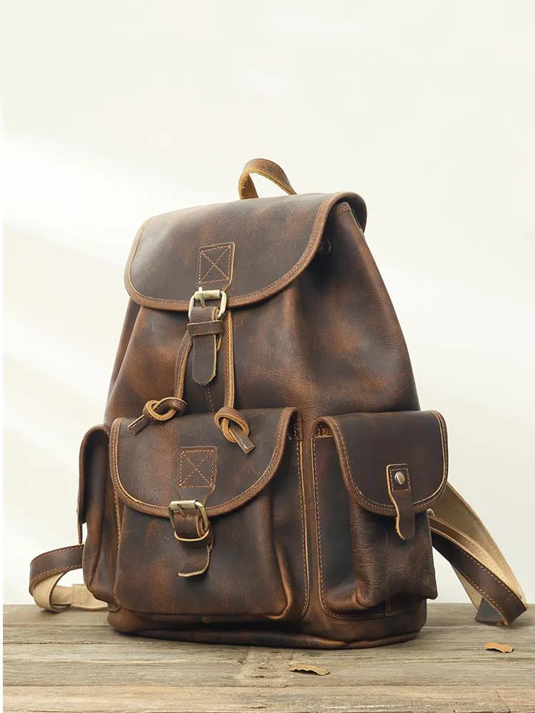 Dark Brown Cool Mens 13 inches Leather Backpacks Travel Backpacks Brown Laptop Backpack for men