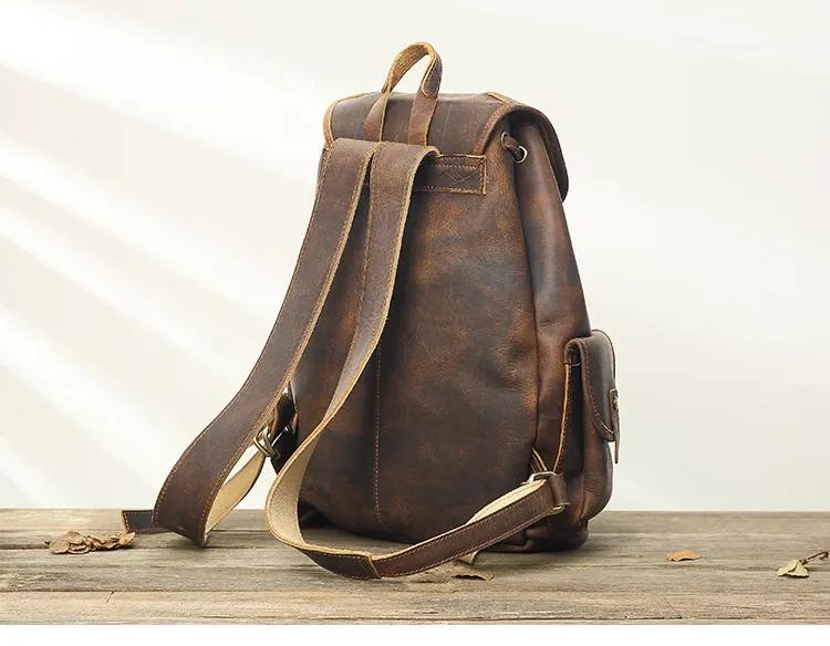 Dark Brown Cool Mens 13 inches Leather Backpacks Travel Backpacks Brown Laptop Backpack for men