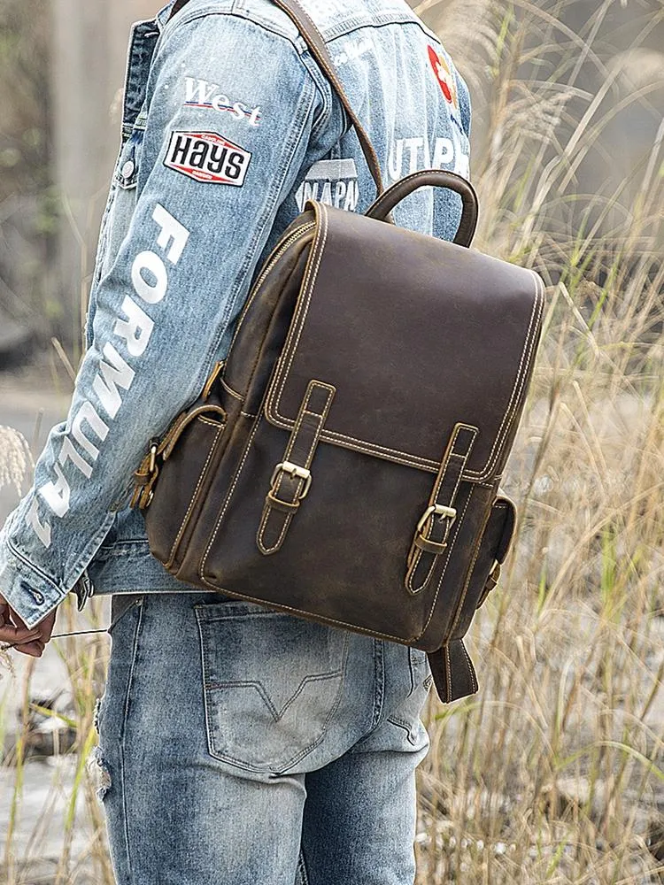 Dark Brown Cool Mens 15 inches Leather Computer Backpacks Travel Backpacks Laptop Backpack for men