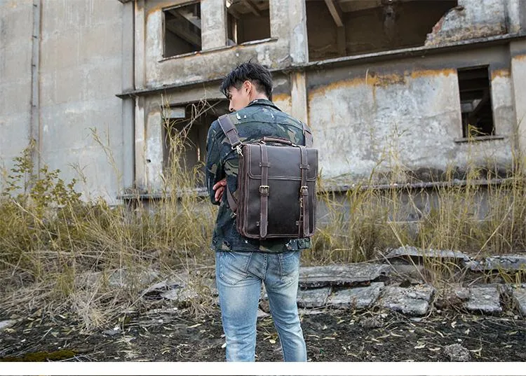 Dark Brown Fashion Mens Leather 13-inch Computer Backpacks Travel Backpacks Brown School Backpack for men