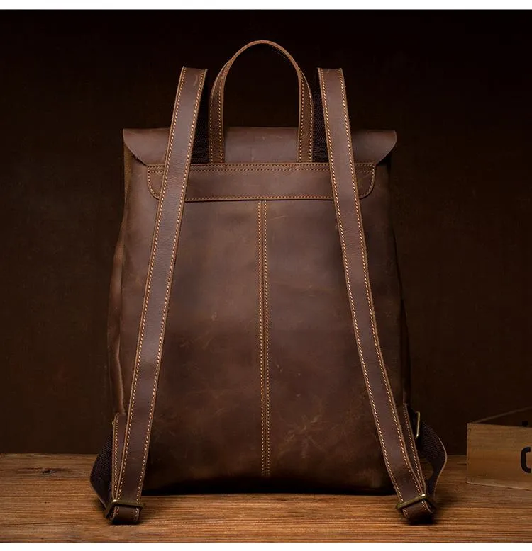 Fashion Black Mens Leather 15inchs Computer Backpack Brown Travel Backpacks School Backpack for men