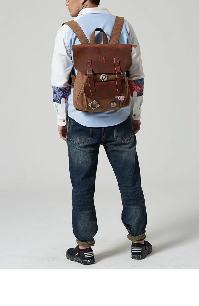 Fashion Canvas Leather Womens Army Green Backpack School Backpack Canvas Travel Backpack For Men
