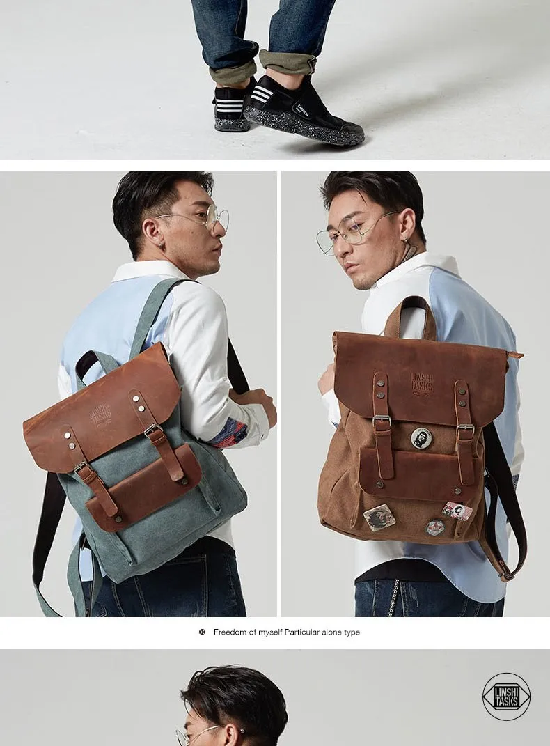 Fashion Canvas Leather Womens Army Green Backpack School Backpack Canvas Travel Backpack For Men