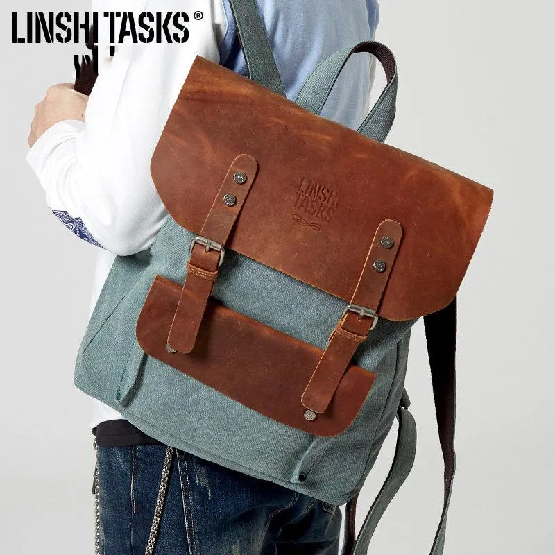 Fashion Canvas Leather Womens Army Green Backpack School Backpack Canvas Travel Backpack For Men