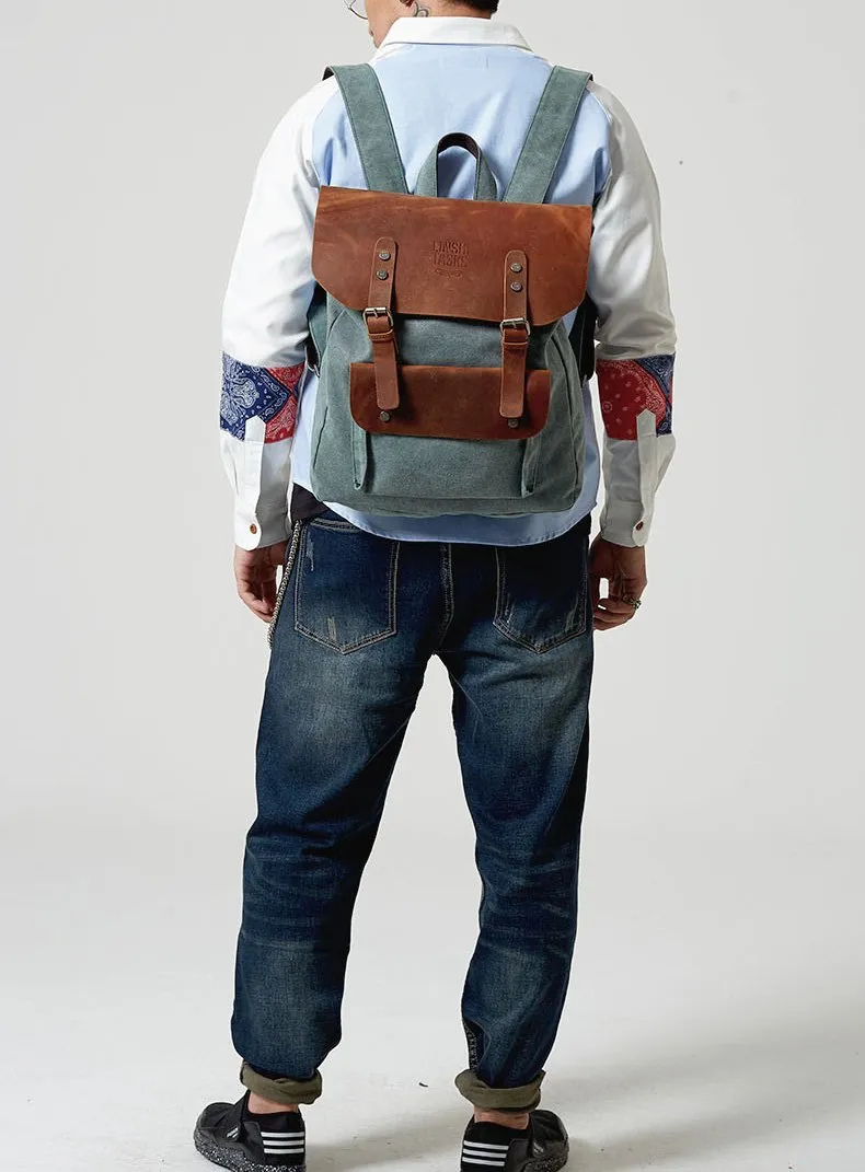 Fashion Canvas Leather Womens Army Green Backpack School Backpack Canvas Travel Backpack For Men