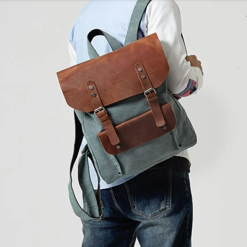 Fashion Canvas Leather Womens Army Green Backpack School Backpack Canvas Travel Backpack For Men