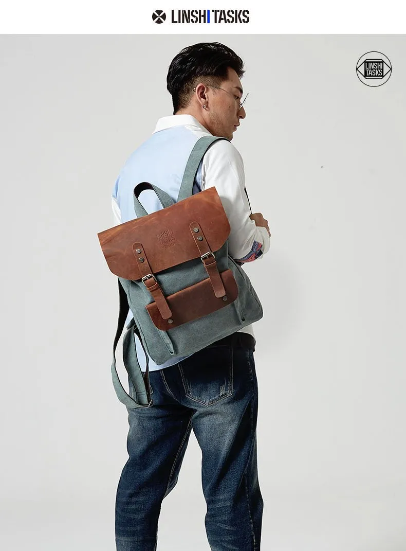 Fashion Canvas Leather Womens Army Green Backpack School Backpack Canvas Travel Backpack For Men
