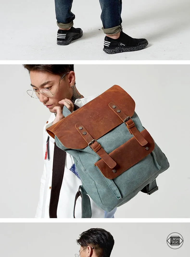 Fashion Canvas Leather Womens Army Green Backpack School Backpack Canvas Travel Backpack For Men