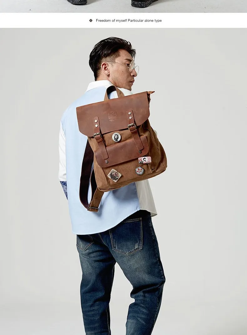 Fashion Canvas Leather Womens Army Green Backpack School Backpack Canvas Travel Backpack For Men