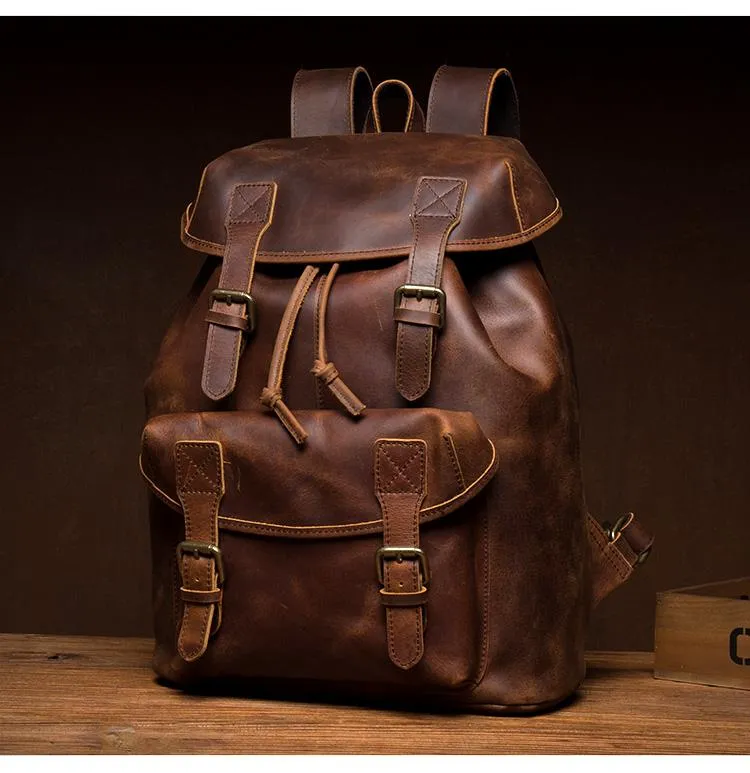 Fashion Dark Brown Mens Leather 15inchs Computer Backpack Cool Travel Backpacks School Backpack for men