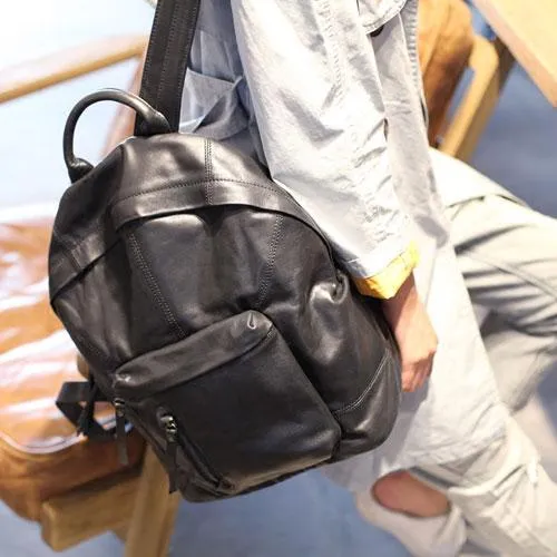 Fashion Womens Black Leather Small Backpack Purse Leather Book Pack Purse for Girls