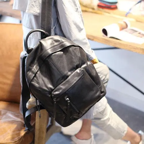 Fashion Womens Black Leather Small Backpack Purse Leather Book Pack Purse for Girls
