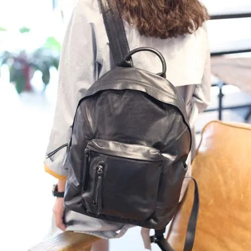 Fashion Womens Black Leather Small Backpack Purse Leather Book Pack Purse for Girls