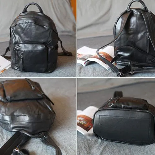 Fashion Womens Black Leather Small Backpack Purse Leather Book Pack Purse for Girls