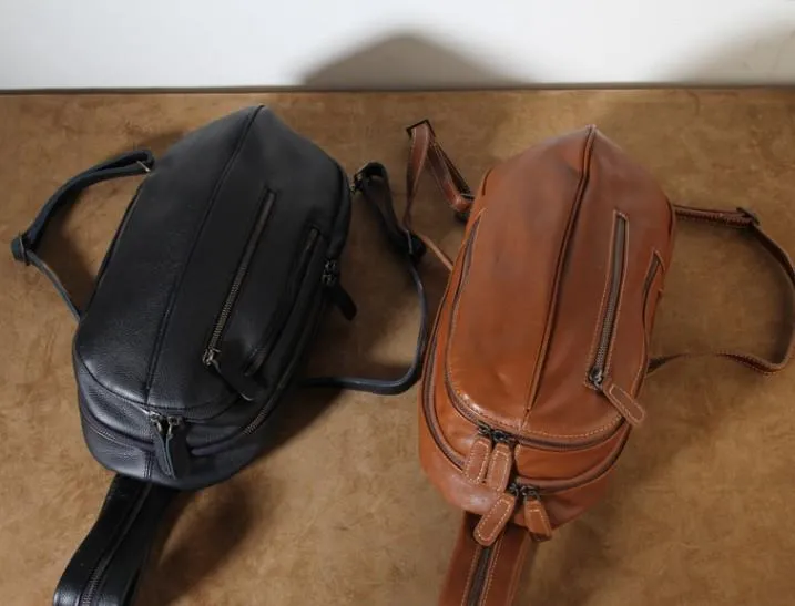 Genuine Brown Leather Mens Cool SLing Pack Chest Bag Sling Bag Crossbody Bag Travel Backpack for men