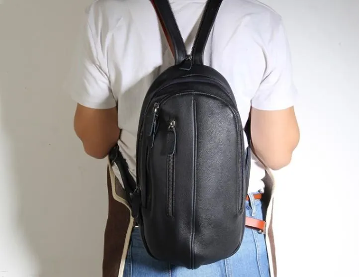 Genuine Brown Leather Mens Cool SLing Pack Chest Bag Sling Bag Crossbody Bag Travel Backpack for men