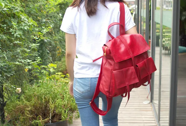 Genuine Leather Cute Backpack Bag Shoulder Bag Red Black Women Leather Purse