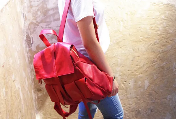 Genuine Leather Cute Backpack Bag Shoulder Bag Red Black Women Leather Purse