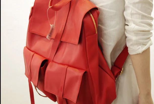 Genuine Leather Cute Backpack Bag Shoulder Bag Red Black Women Leather Purse