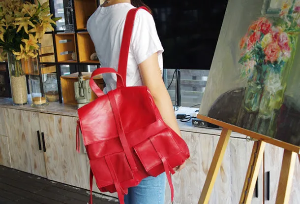 Genuine Leather Cute Backpack Bag Shoulder Bag Red Black Women Leather Purse
