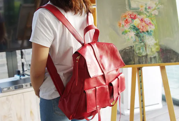 Genuine Leather Cute Backpack Bag Shoulder Bag Red Black Women Leather Purse