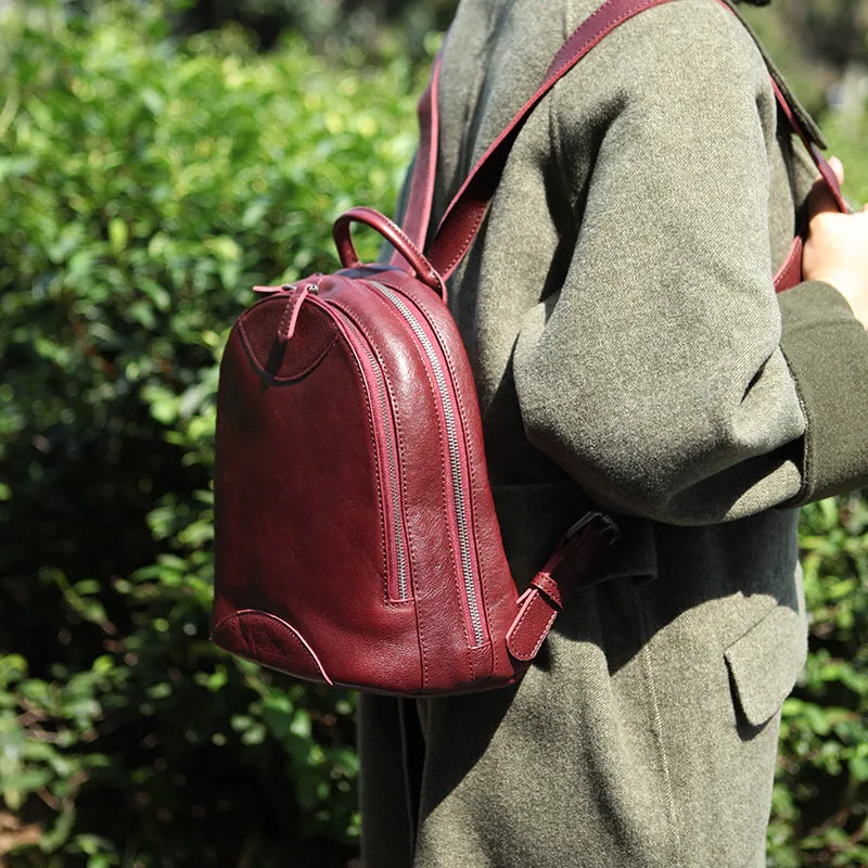 Genuine Leather Cute Women Backpack Bag Shoulder Bag Red Brown Leather Purse