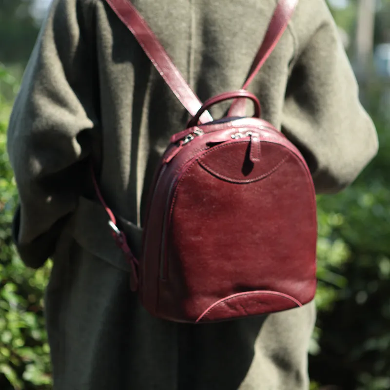 Genuine Leather Cute Women Backpack Bag Shoulder Bag Red Brown Leather Purse