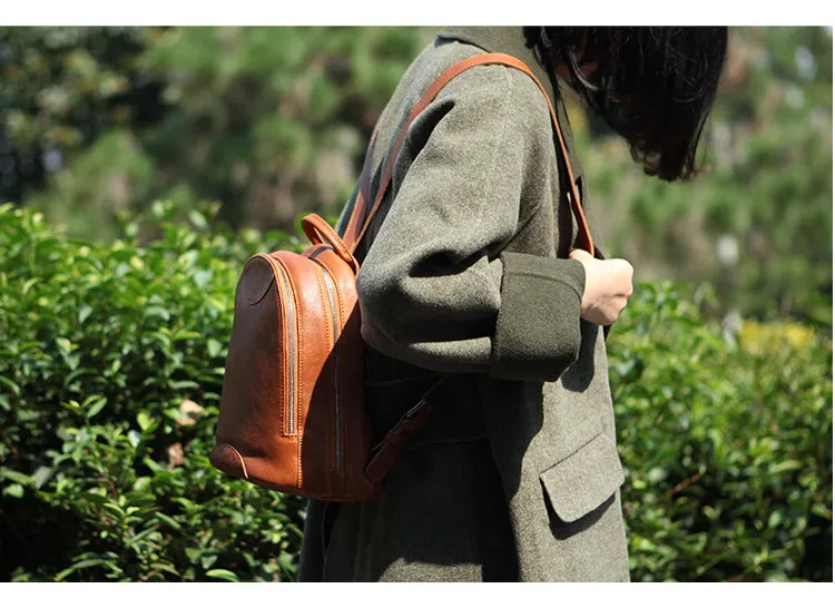 Genuine Leather Cute Women Backpack Bag Shoulder Bag Red Brown Leather Purse