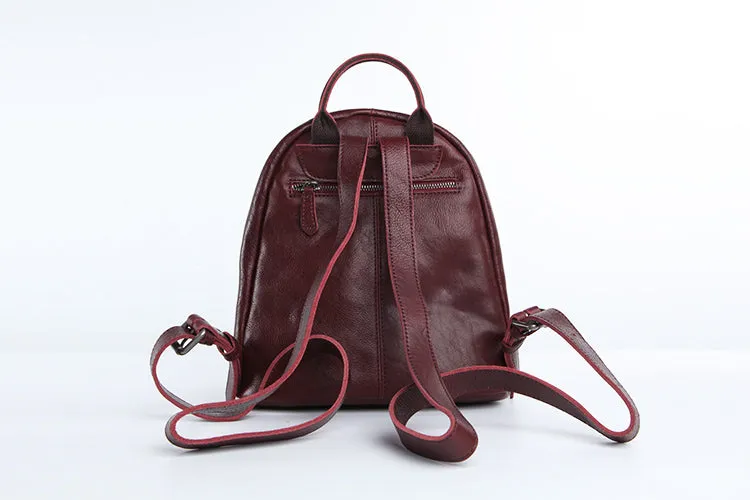 Genuine Leather Cute Women Backpack Bag Shoulder Bag Red Brown Leather Purse