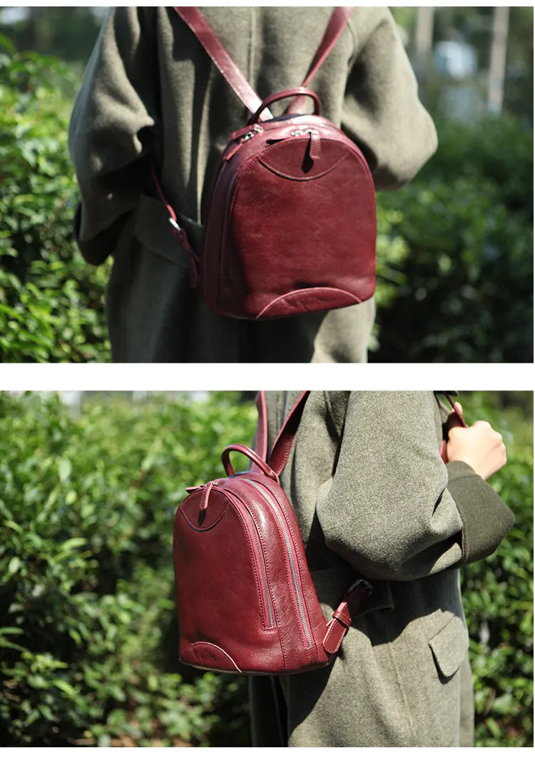 Genuine Leather Cute Women Backpack Bag Shoulder Bag Red Brown Leather Purse