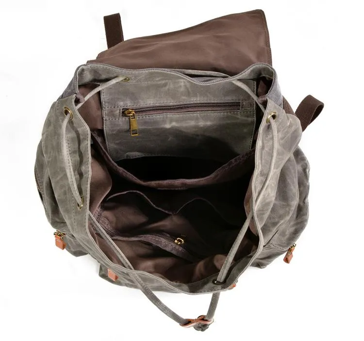 Gray Waxed Canvas Mens Waterproof Large 14???? Hiking Backpack Travel Backpack Computer Backpack College Backpack for Men