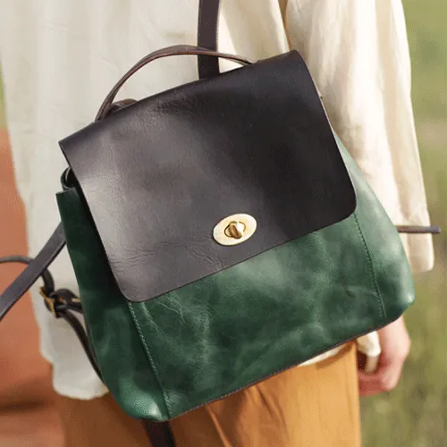 Green Womens Leather Satchel Backpack Small Vintage Green Leather Backpack Womens Purse