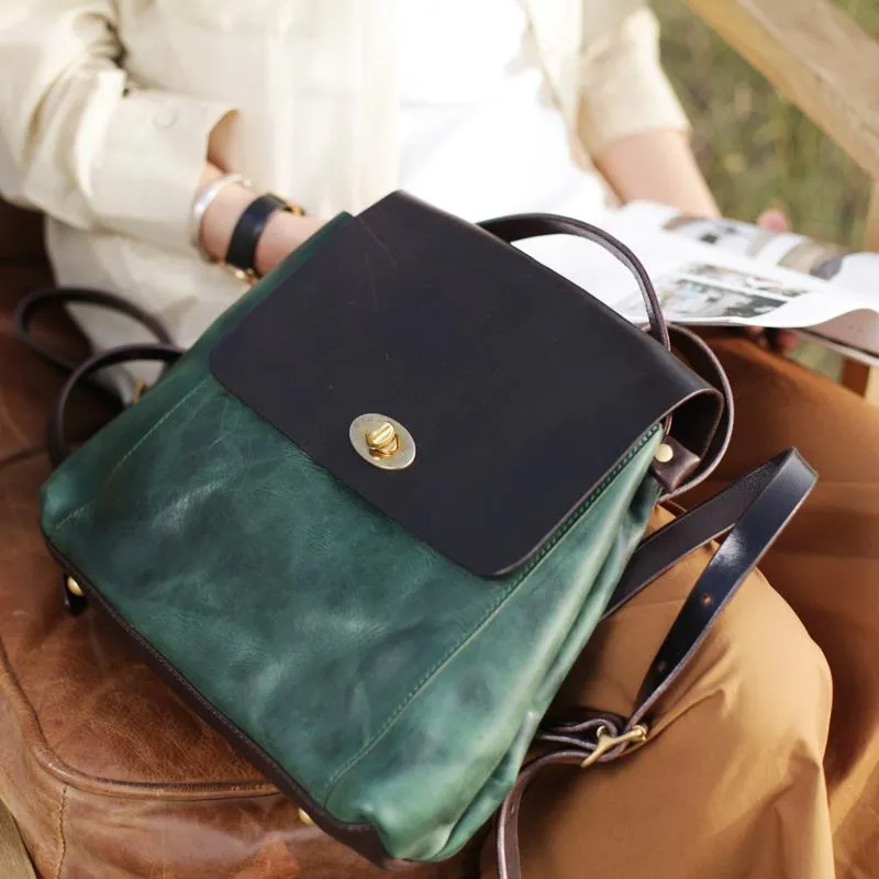 Green Womens Leather Satchel Backpack Small Vintage Green Leather Backpack Womens Purse