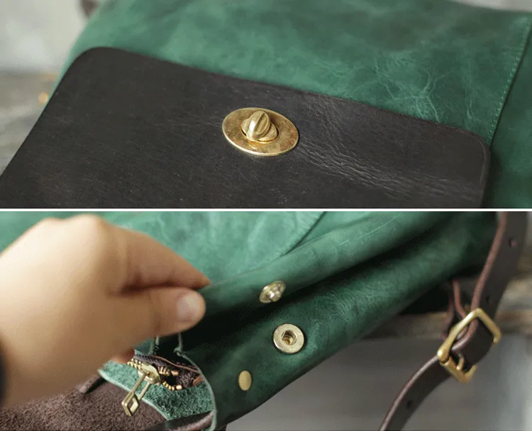 Green Womens Leather Satchel Backpack Small Vintage Green Leather Backpack Womens Purse