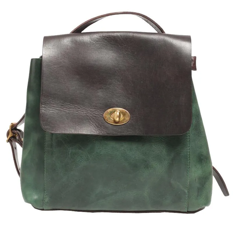 Green Womens Leather Satchel Backpack Small Vintage Green Leather Backpack Womens Purse