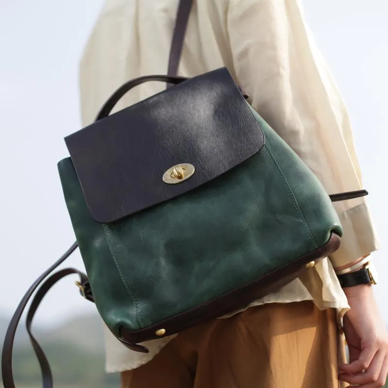 Green Womens Leather Satchel Backpack Small Vintage Green Leather Backpack Womens Purse