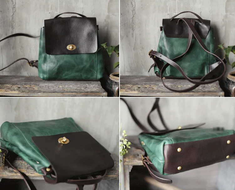 Green Womens Leather Satchel Backpack Small Vintage Green Leather Backpack Womens Purse