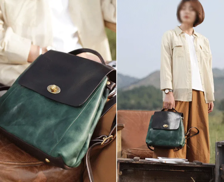 Green Womens Leather Satchel Backpack Small Vintage Green Leather Backpack Womens Purse