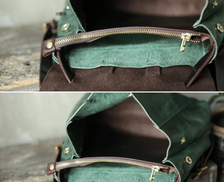 Green Womens Leather Satchel Backpack Small Vintage Green Leather Backpack Womens Purse
