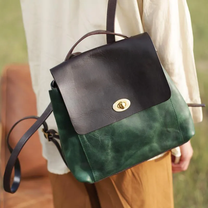 Green Womens Leather Satchel Backpack Small Vintage Green Leather Backpack Womens Purse