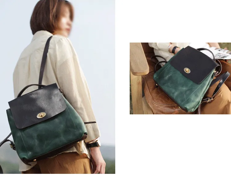 Green Womens Leather Satchel Backpack Small Vintage Green Leather Backpack Womens Purse