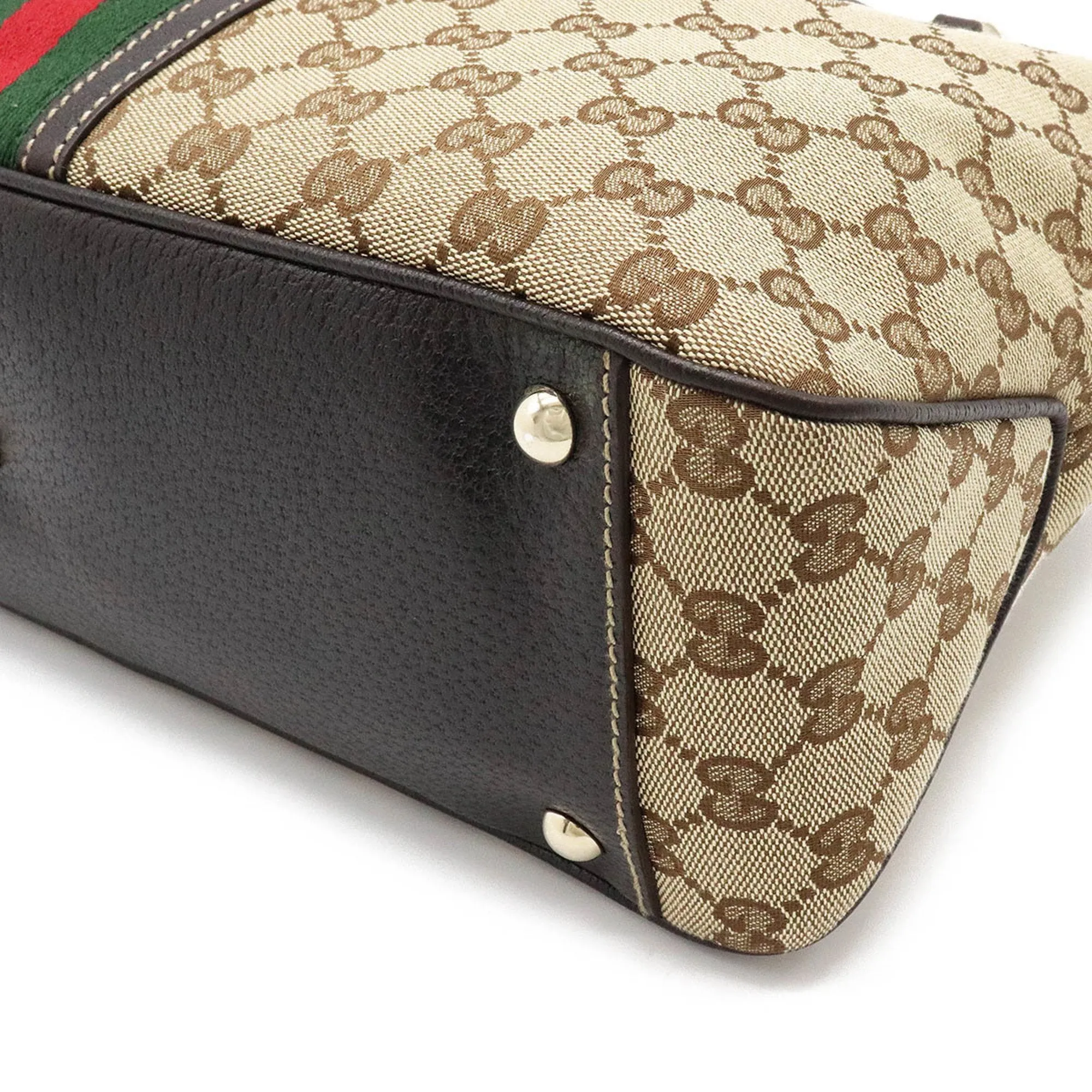Gucci GG Canvas Sherry Line Tote Bag Shoulder Khaki Beige Dark Brown 161717