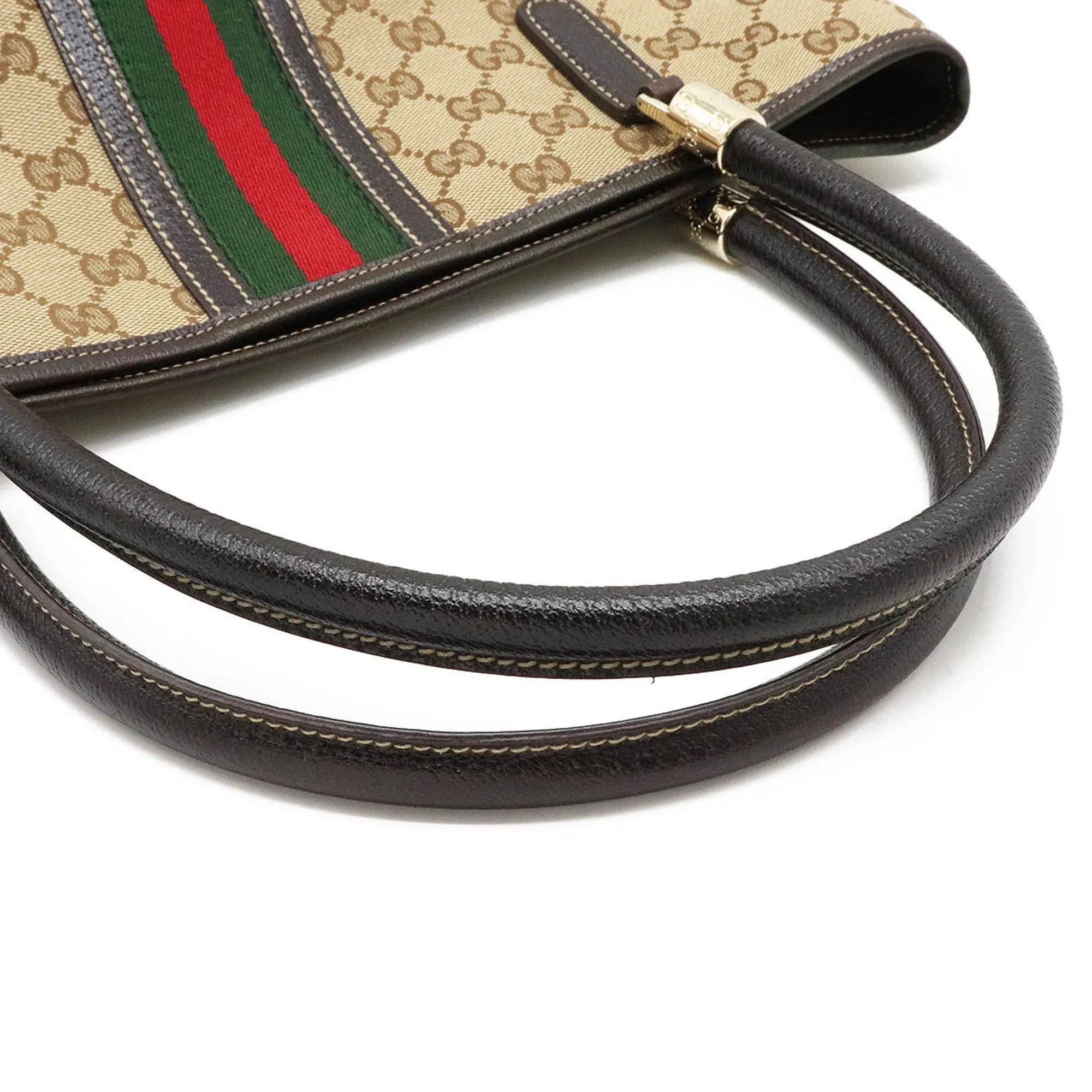Gucci GG Canvas Sherry Line Tote Bag Shoulder Khaki Beige Dark Brown 161717