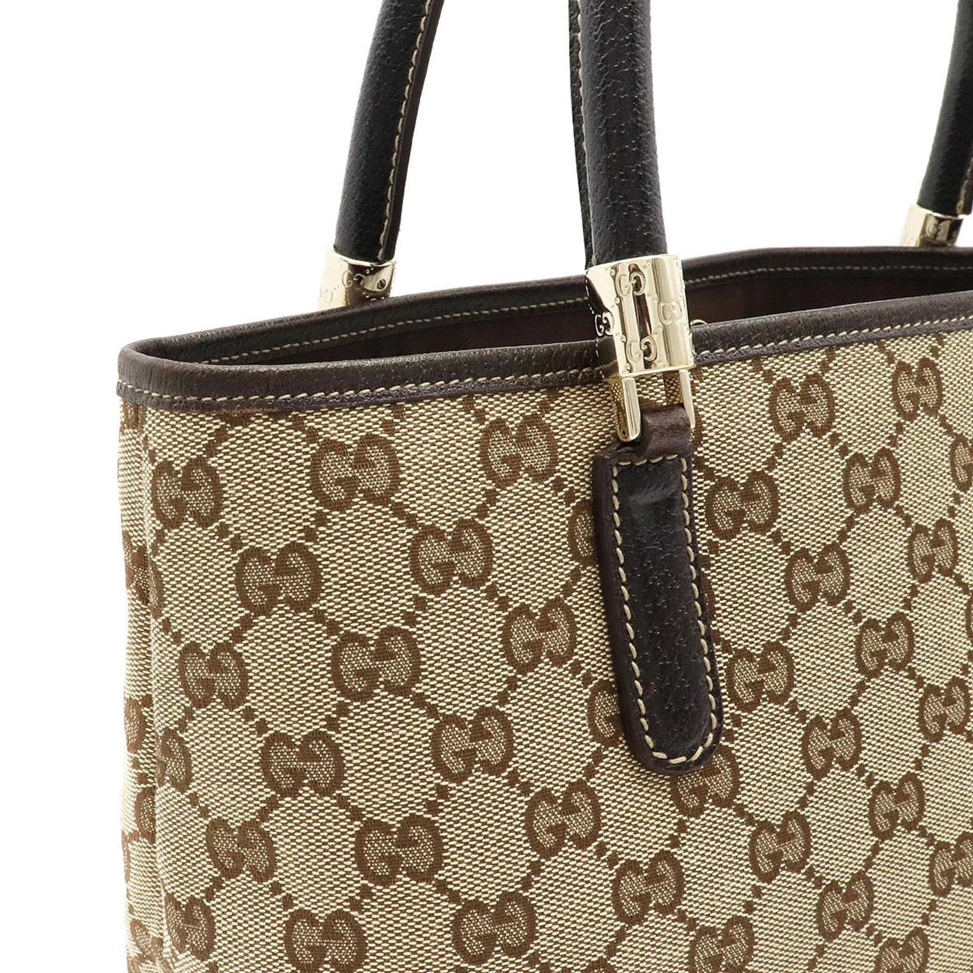 Gucci GG Canvas Sherry Line Tote Bag Shoulder Khaki Beige Dark Brown 161717