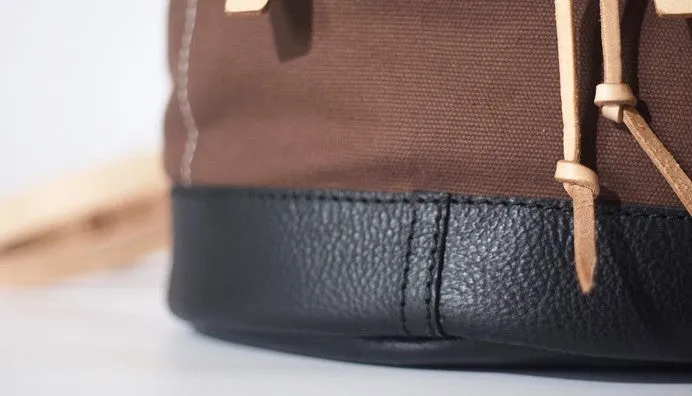 Handmade Canvas Mens Leather Bucket Backpack Travel Backpack Hiking Backpack for Men