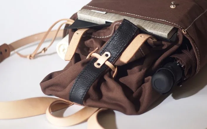Handmade Canvas Mens Leather Bucket Backpack Travel Backpack Hiking Backpack for Men