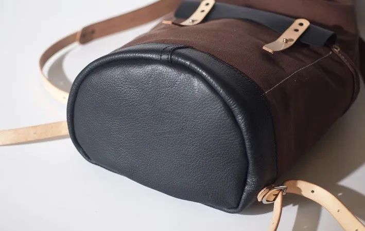 Handmade Canvas Mens Leather Bucket Backpack Travel Backpack Hiking Backpack for Men