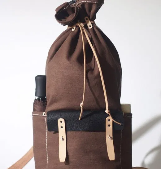 Handmade Canvas Mens Leather Bucket Backpack Travel Backpack Hiking Backpack for Men