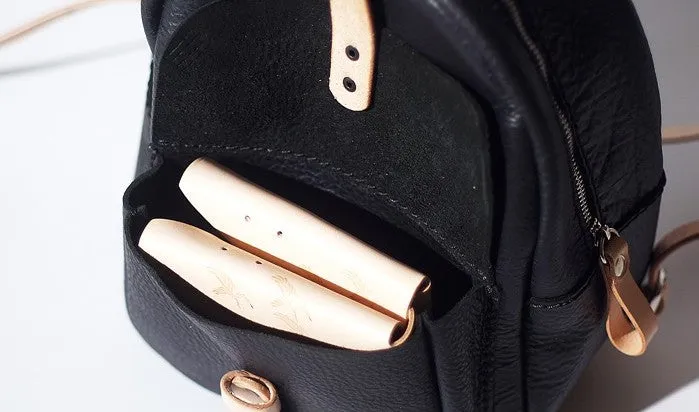 Handmade Women Mini Leather Black Backpack Cute Small Backpack for Women