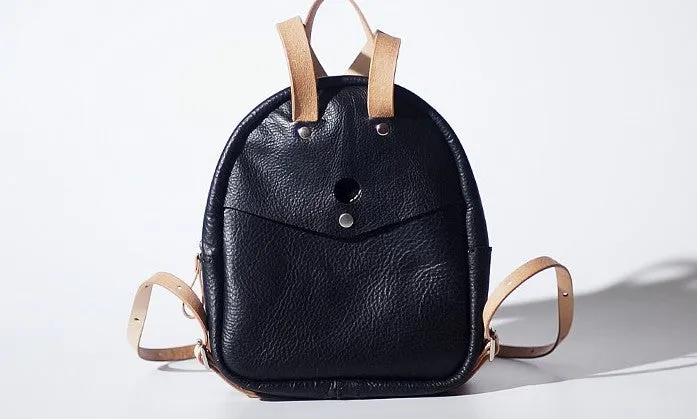 Handmade Women Mini Leather Black Backpack Cute Small Backpack for Women
